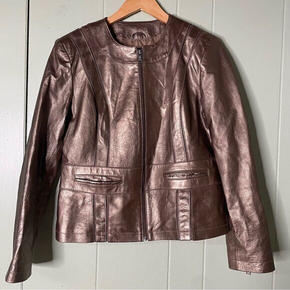 Bernardo Bronze Metallic Zipper‎ Leather Jacket Womens Size Large - Picture 2 of 13